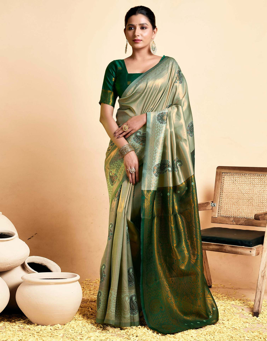 Pista Green Simmer Silk Woven Saree
