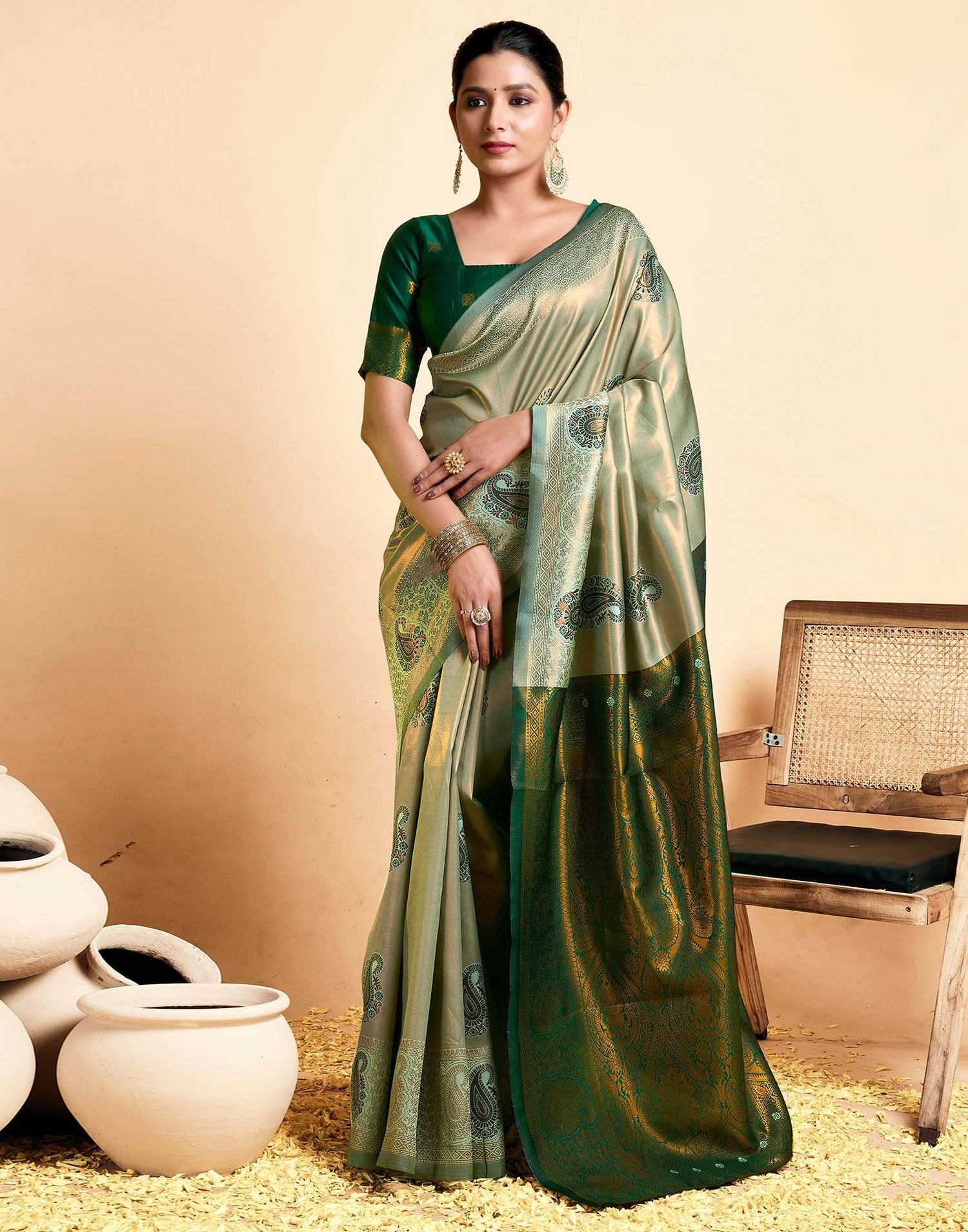 Pista Green Simmer Silk Woven Saree