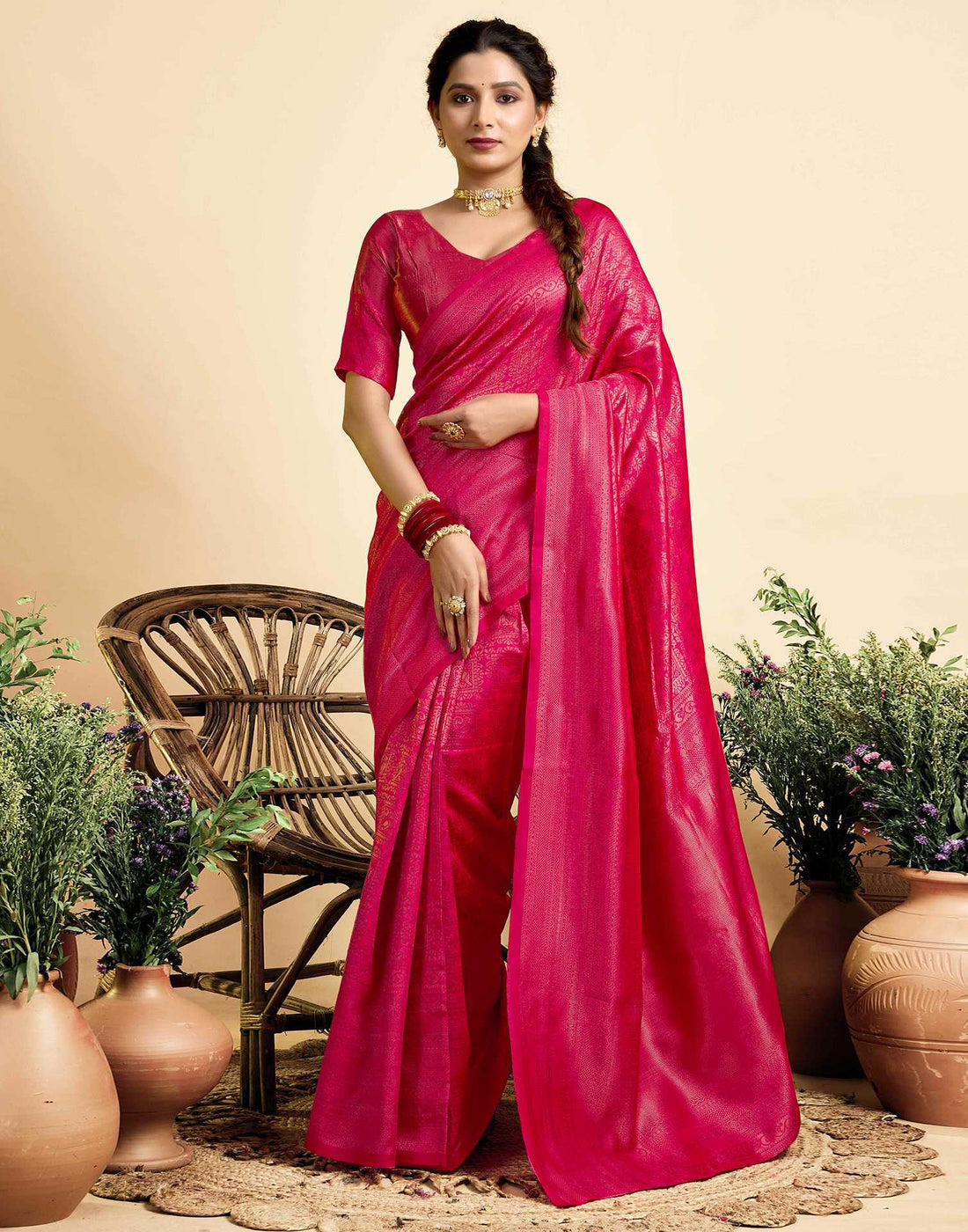 Bright Pink Silk Woven Kanjivaram Saree