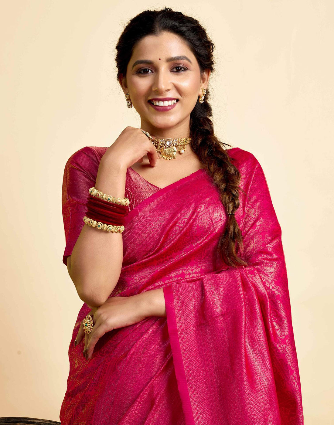 Bright Pink Silk Woven Kanjivaram Saree