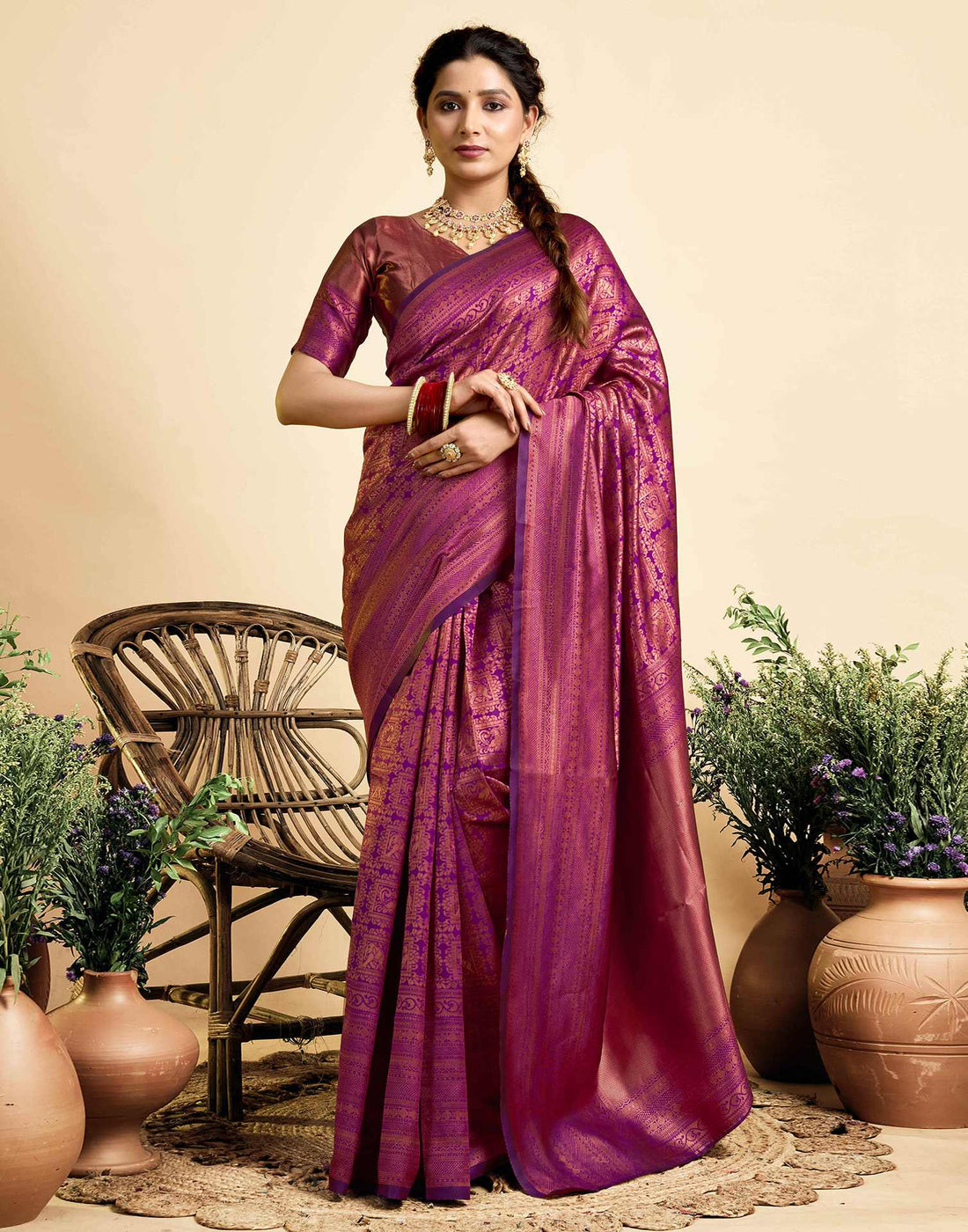 Dark Wine Silk Woven Kanjivaram Saree
