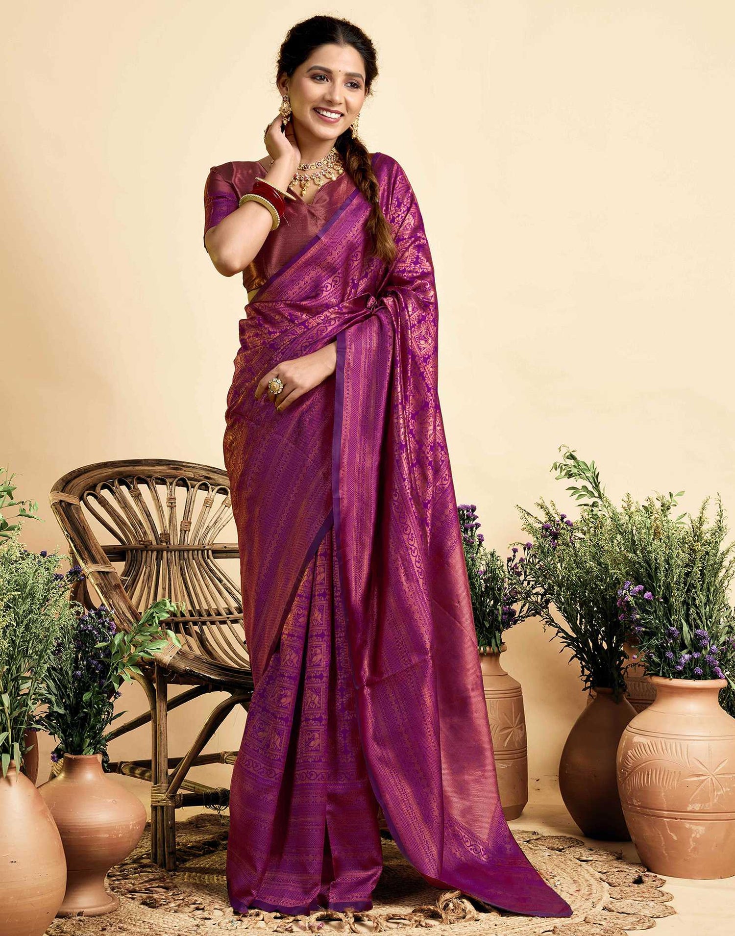Dark Wine Silk Woven Kanjivaram Saree