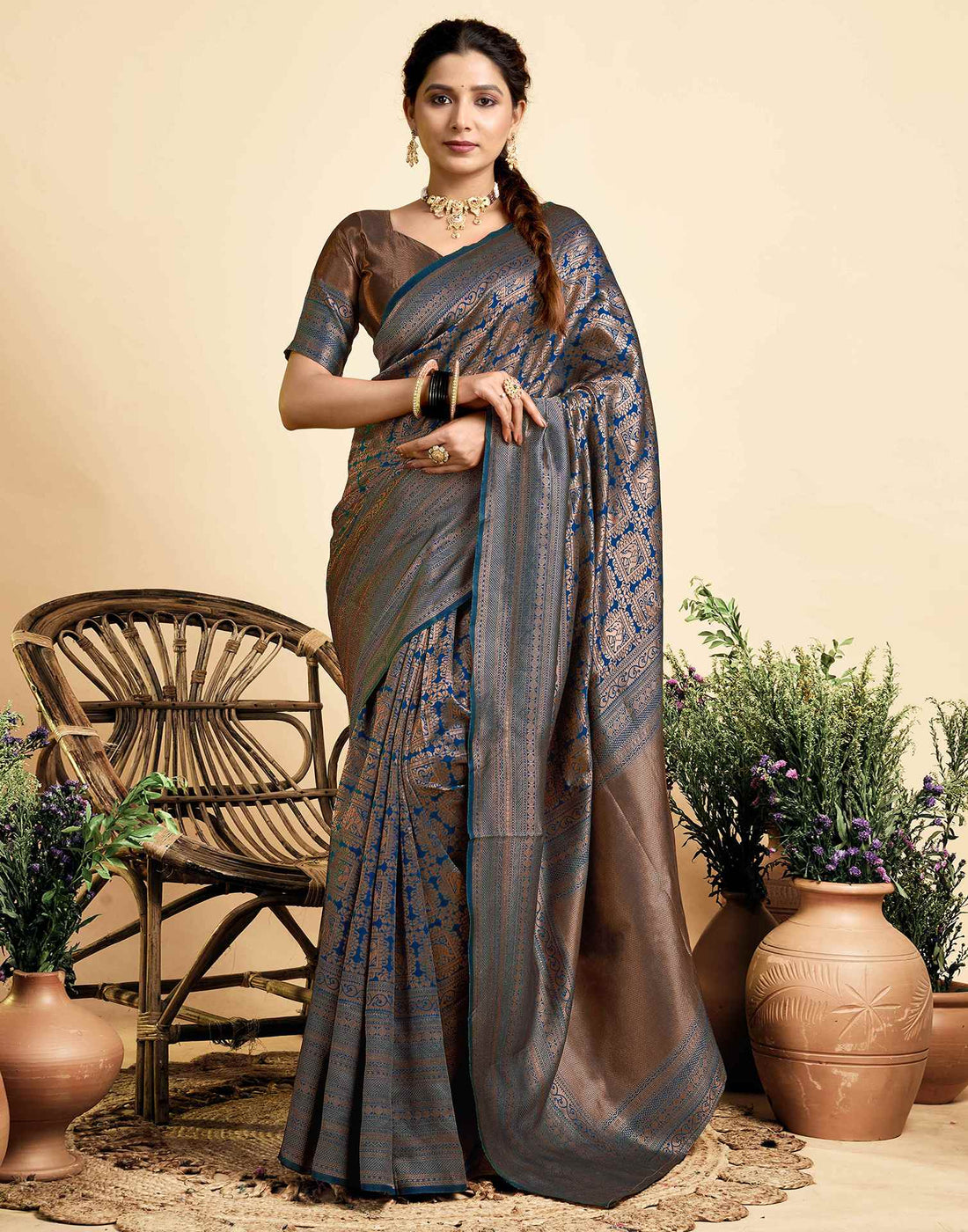 Light Navy Blue Silk Woven Kanjivaram Saree
