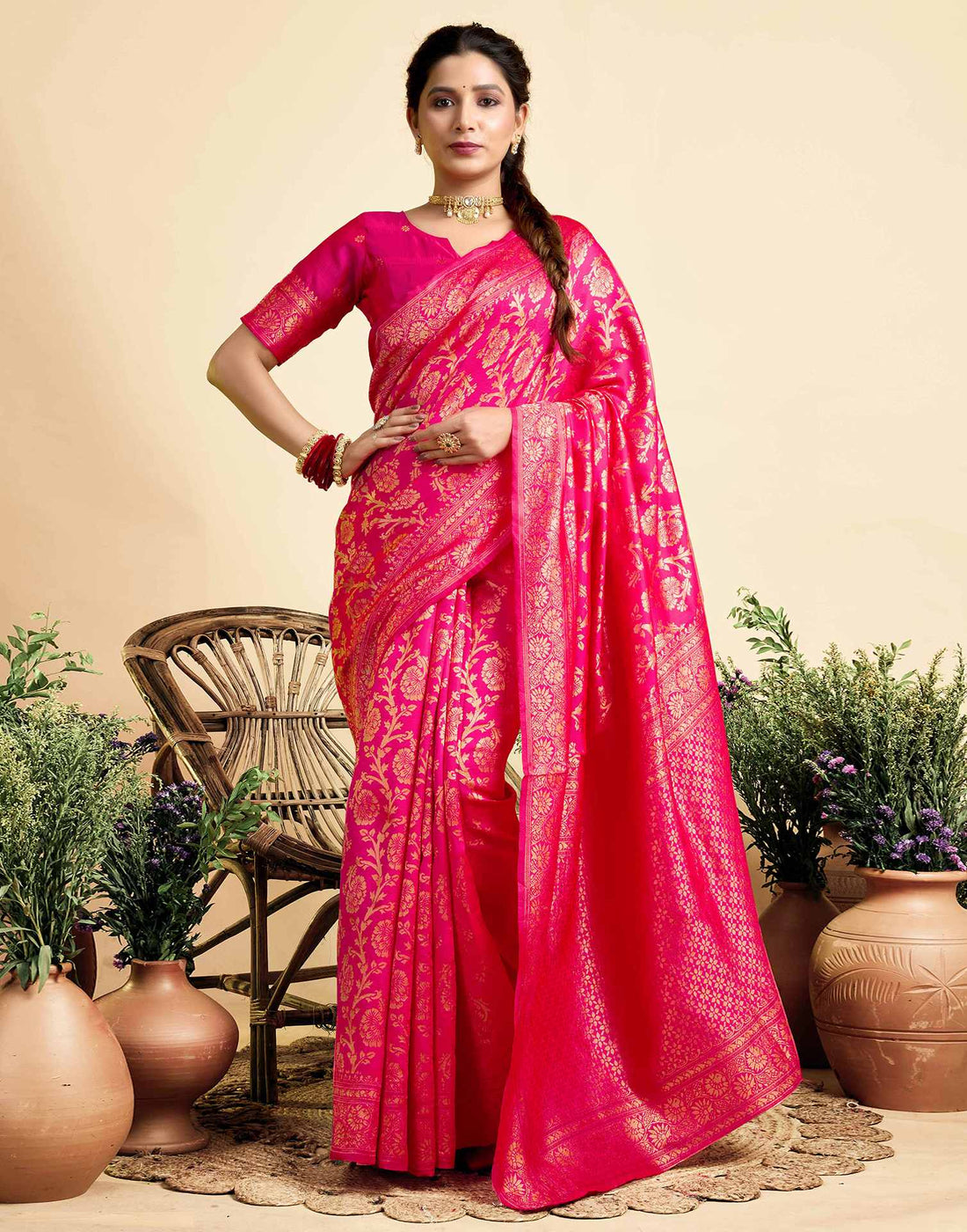Bright Pink Silk Woven Banarasi Saree