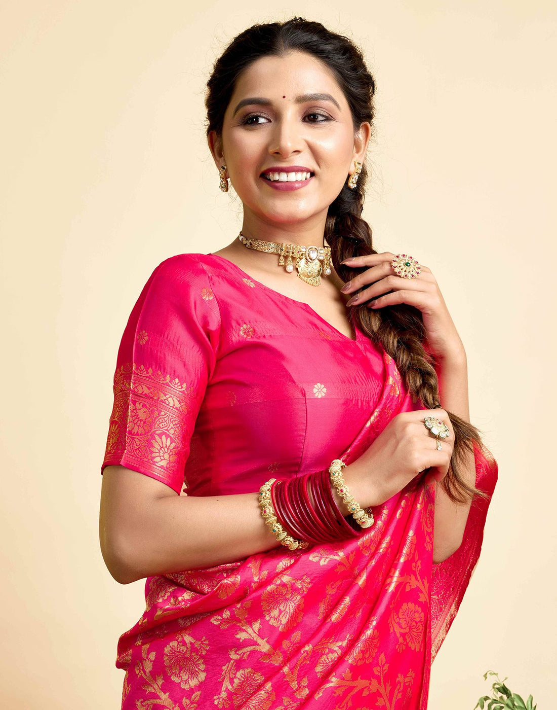 Bright Pink Silk Woven Banarasi Saree