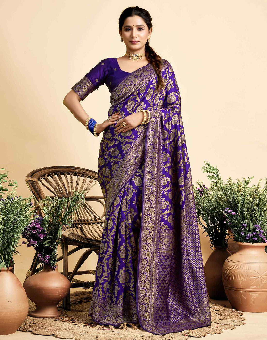 Dark Violet Silk Woven Banarasi Saree