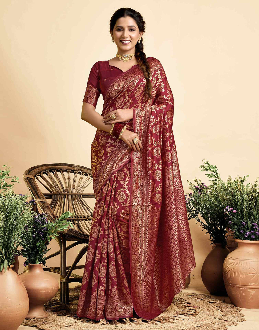 Maroon Silk Woven Banarasi Saree