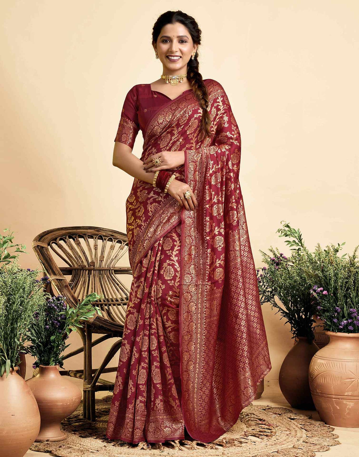 Maroon Silk Woven Banarasi Saree