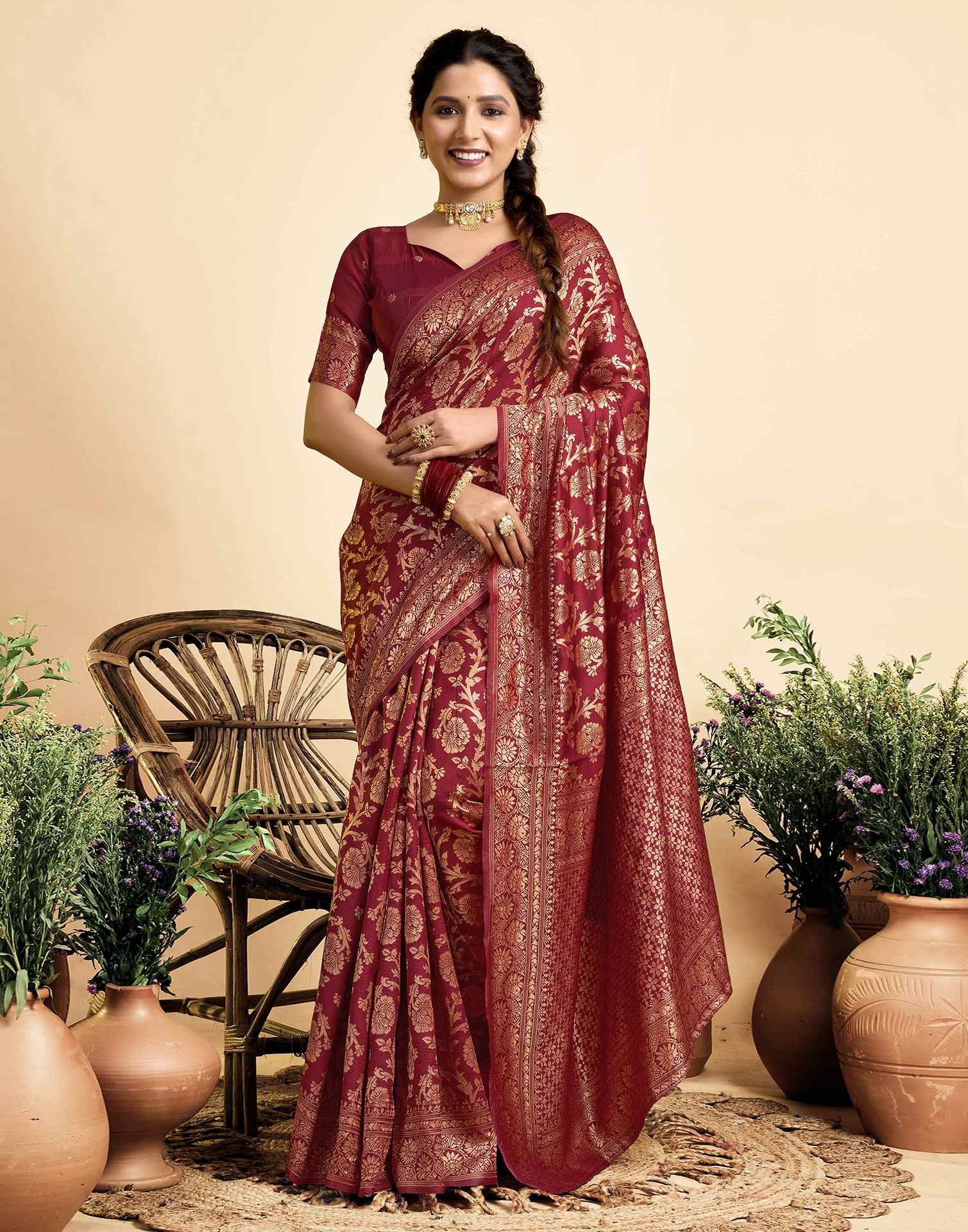 Maroon Silk Woven Banarasi Saree