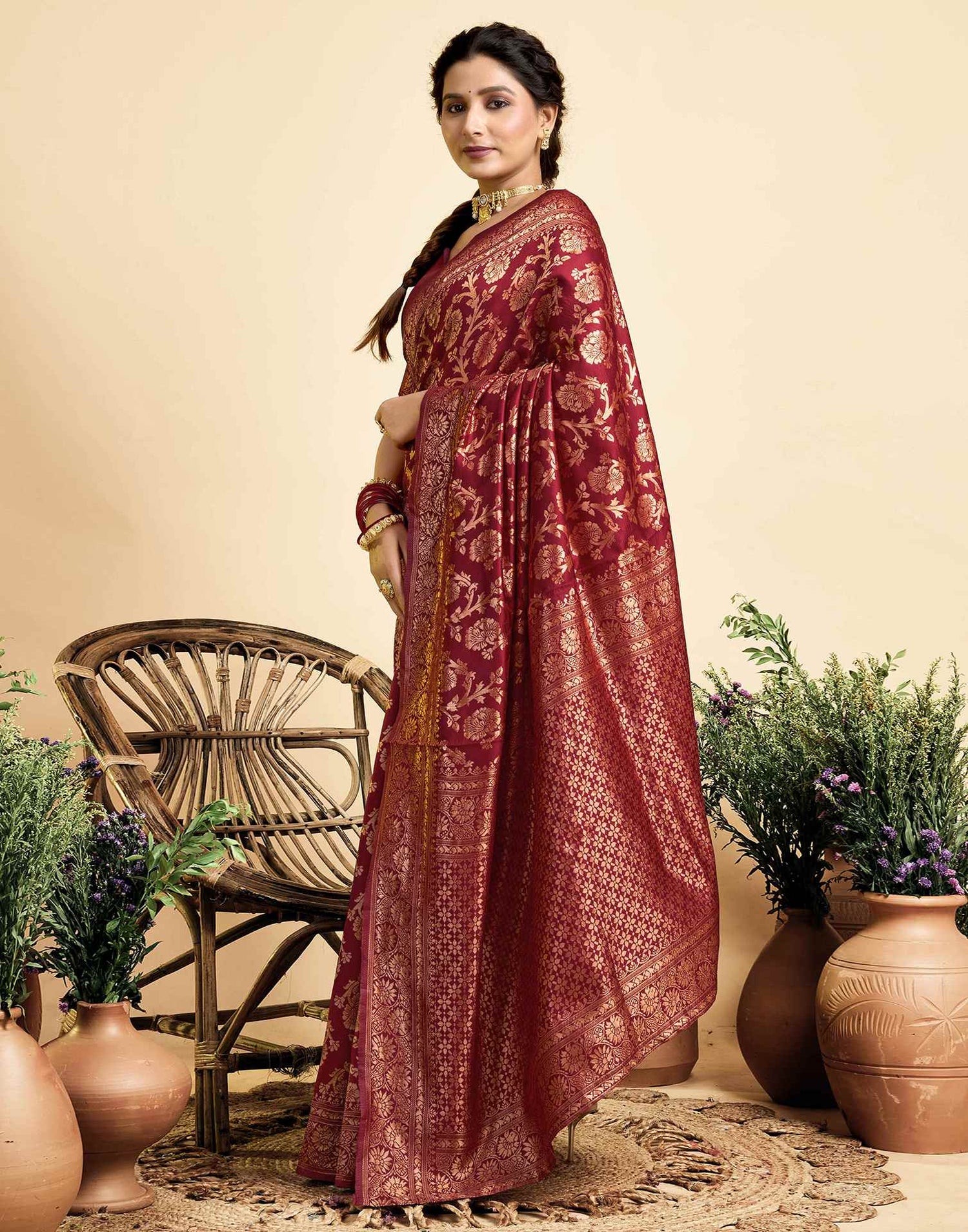 Maroon Silk Woven Banarasi Saree
