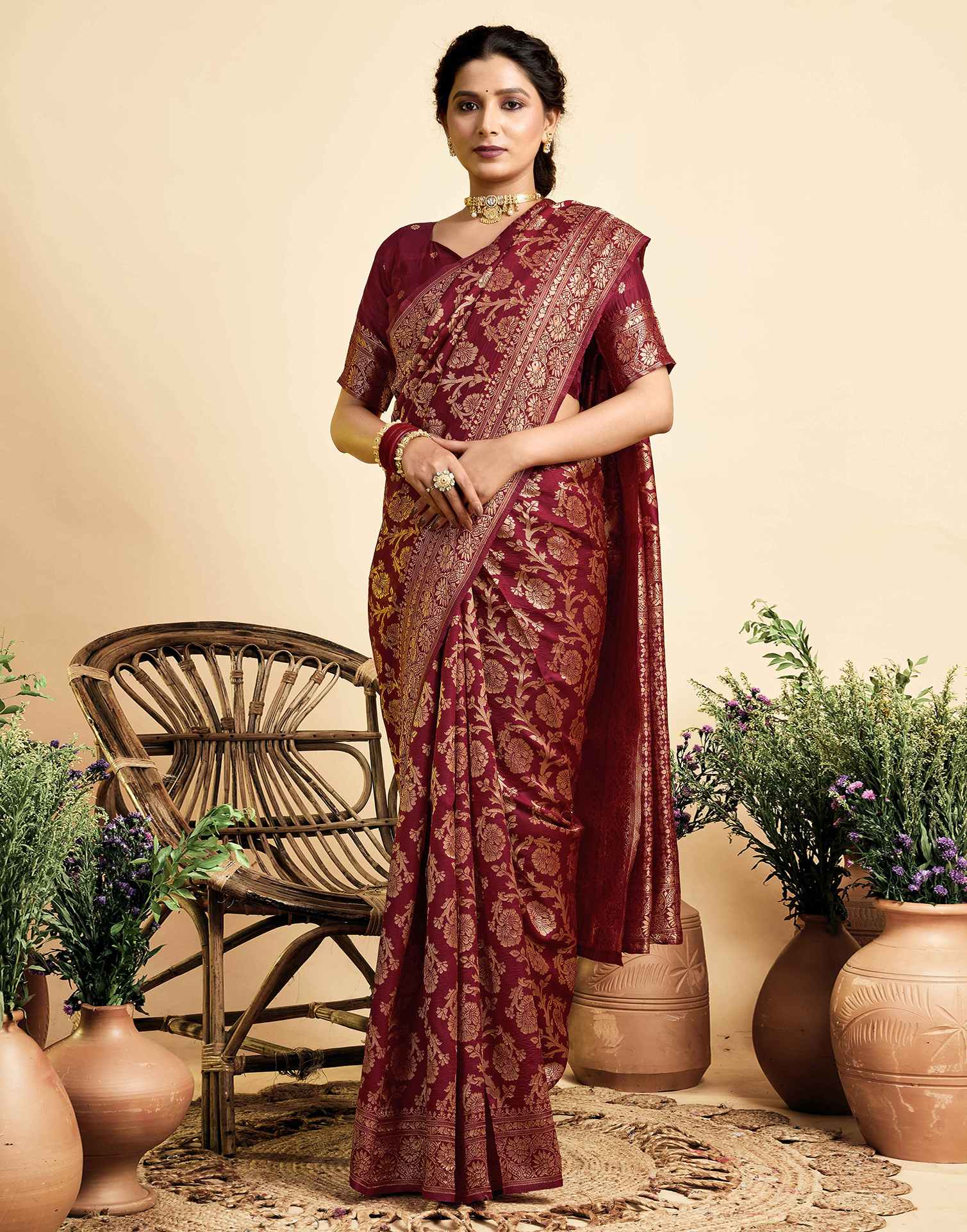 Maroon Silk Woven Banarasi Saree