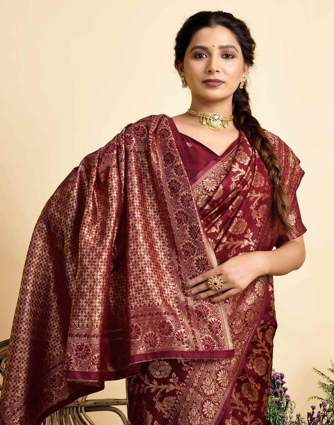 Maroon Silk Woven Banarasi Saree