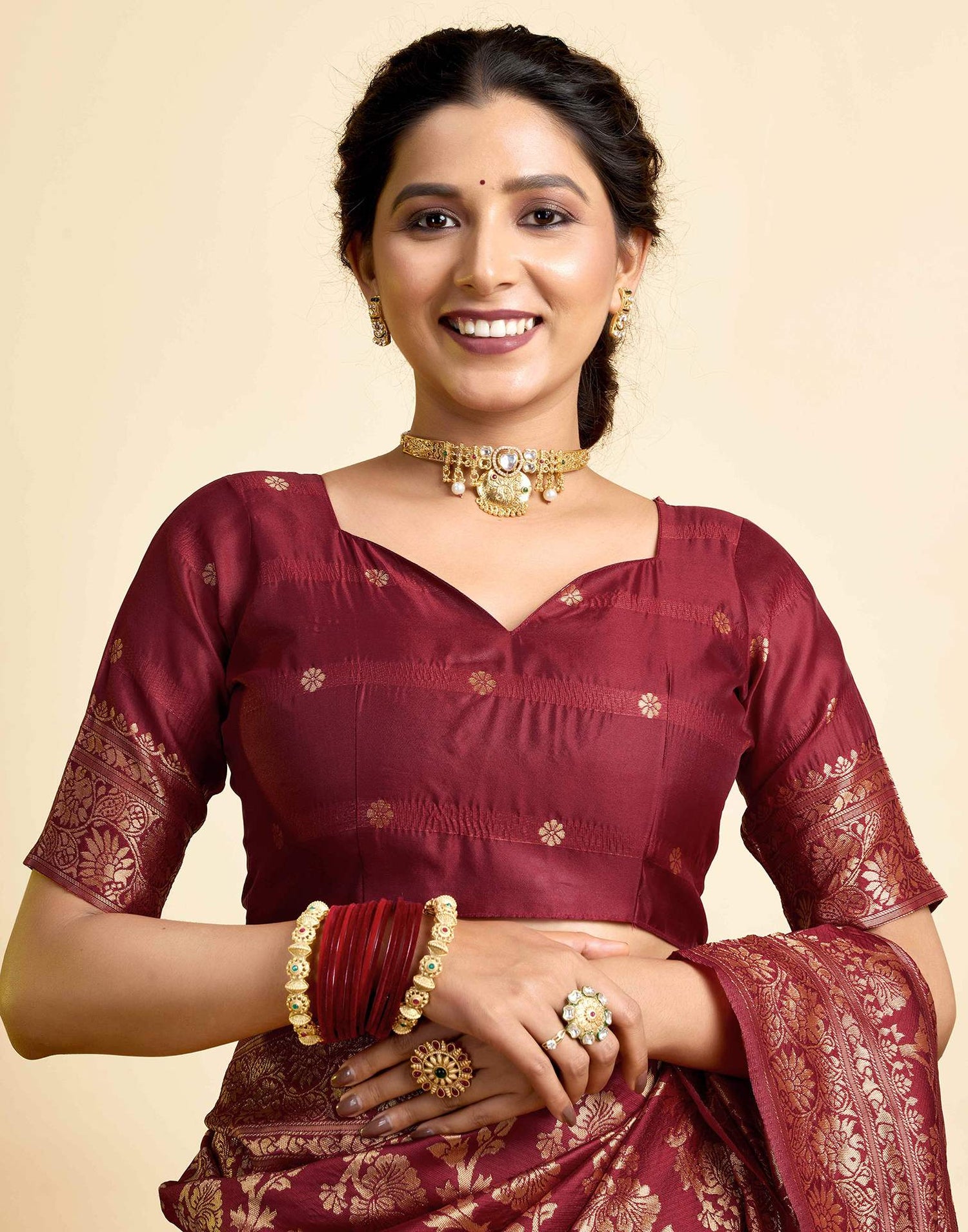 Maroon Silk Woven Banarasi Saree