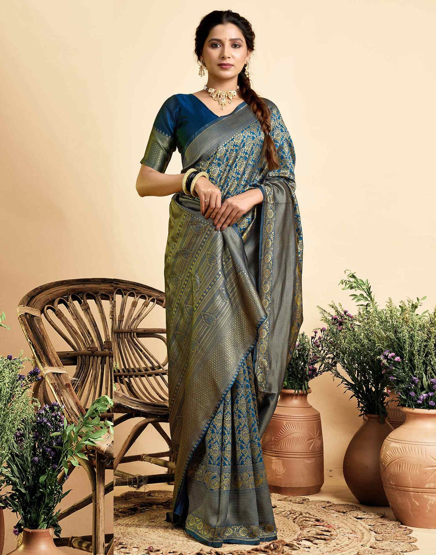 Peacock Blue Silk Woven Banarasi Saree