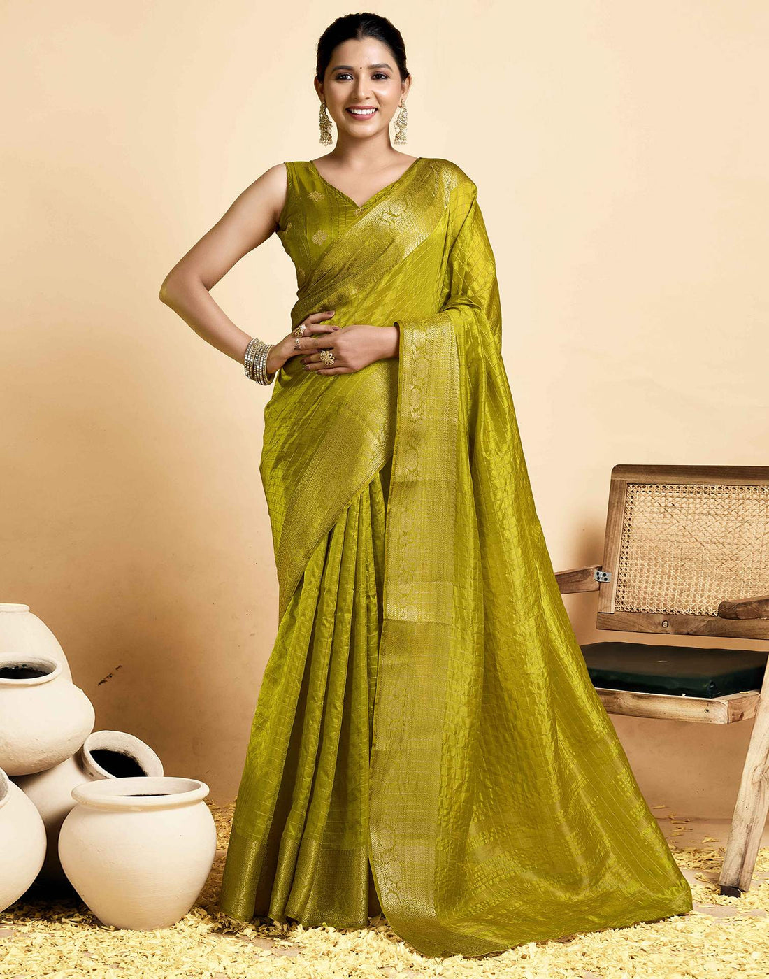 Lime Green Tussar Silk Woven Kanjivaram Saree