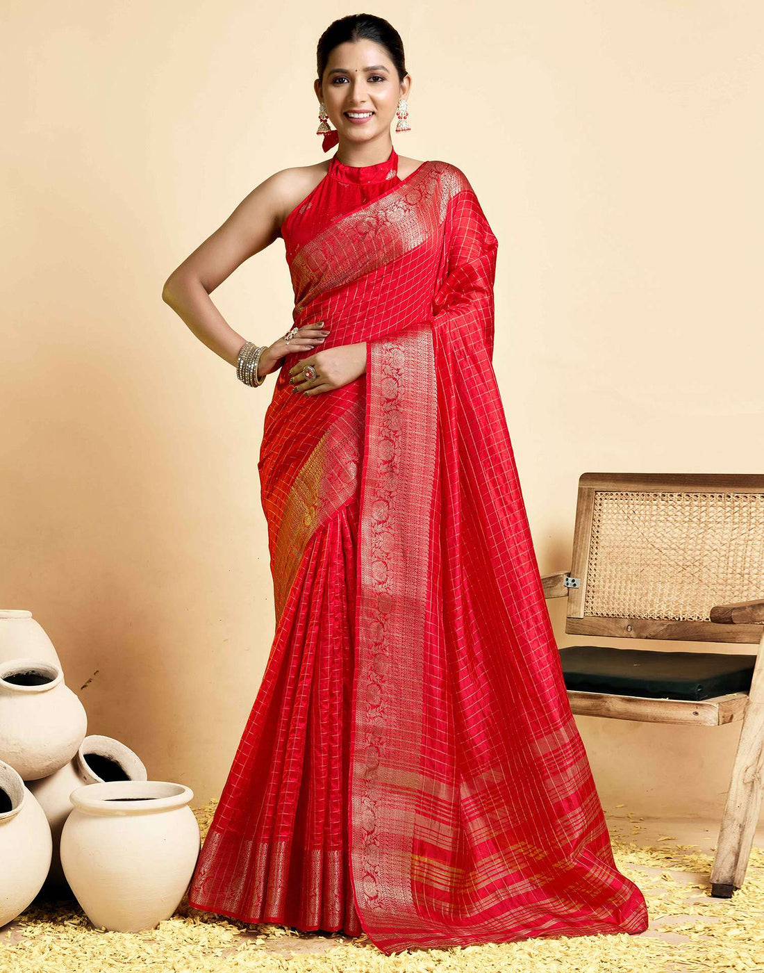Red Tussar Silk Woven Kanjivaram Saree