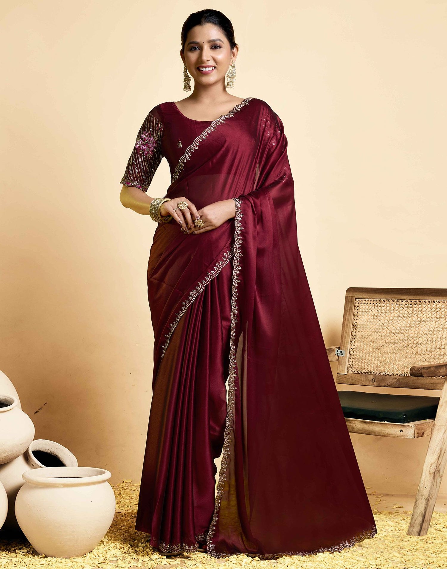 Maroon Georgette Embroidery Saree