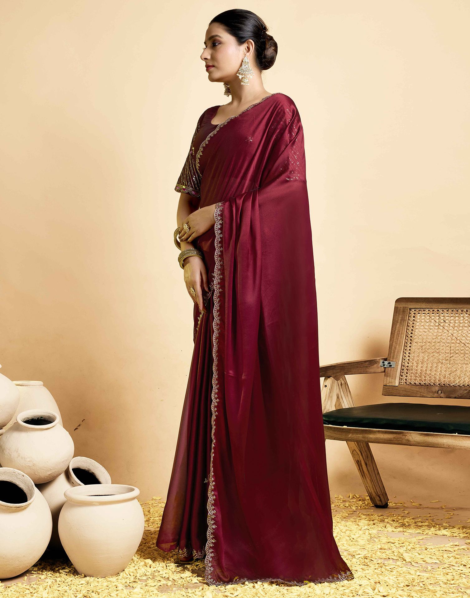 Maroon Georgette Embroidery Saree