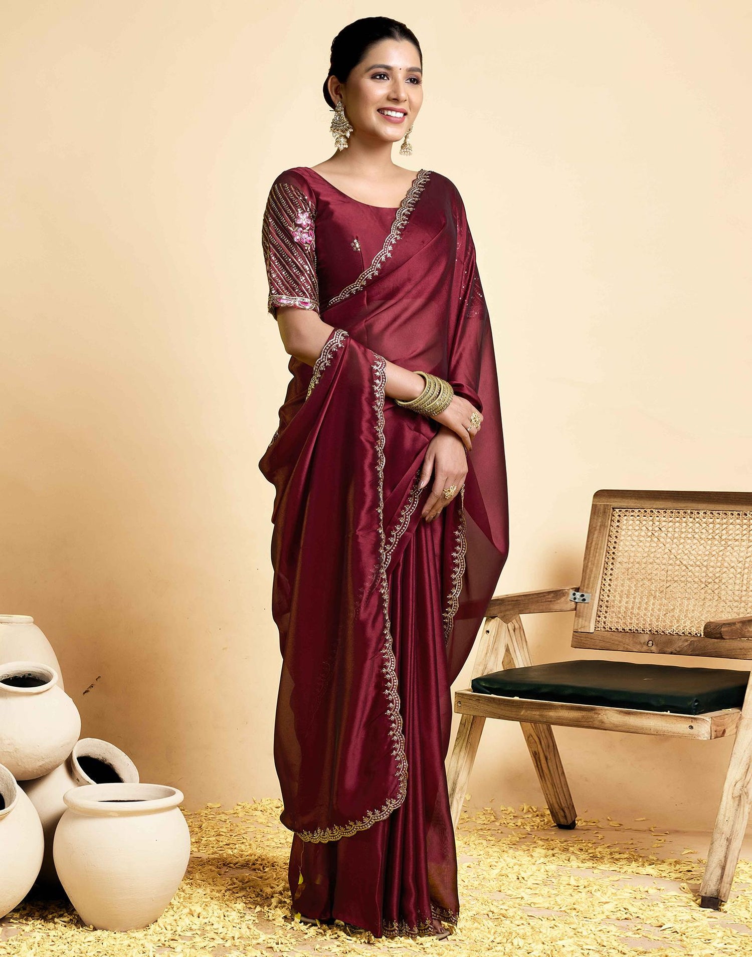 Maroon Georgette Embroidery Saree