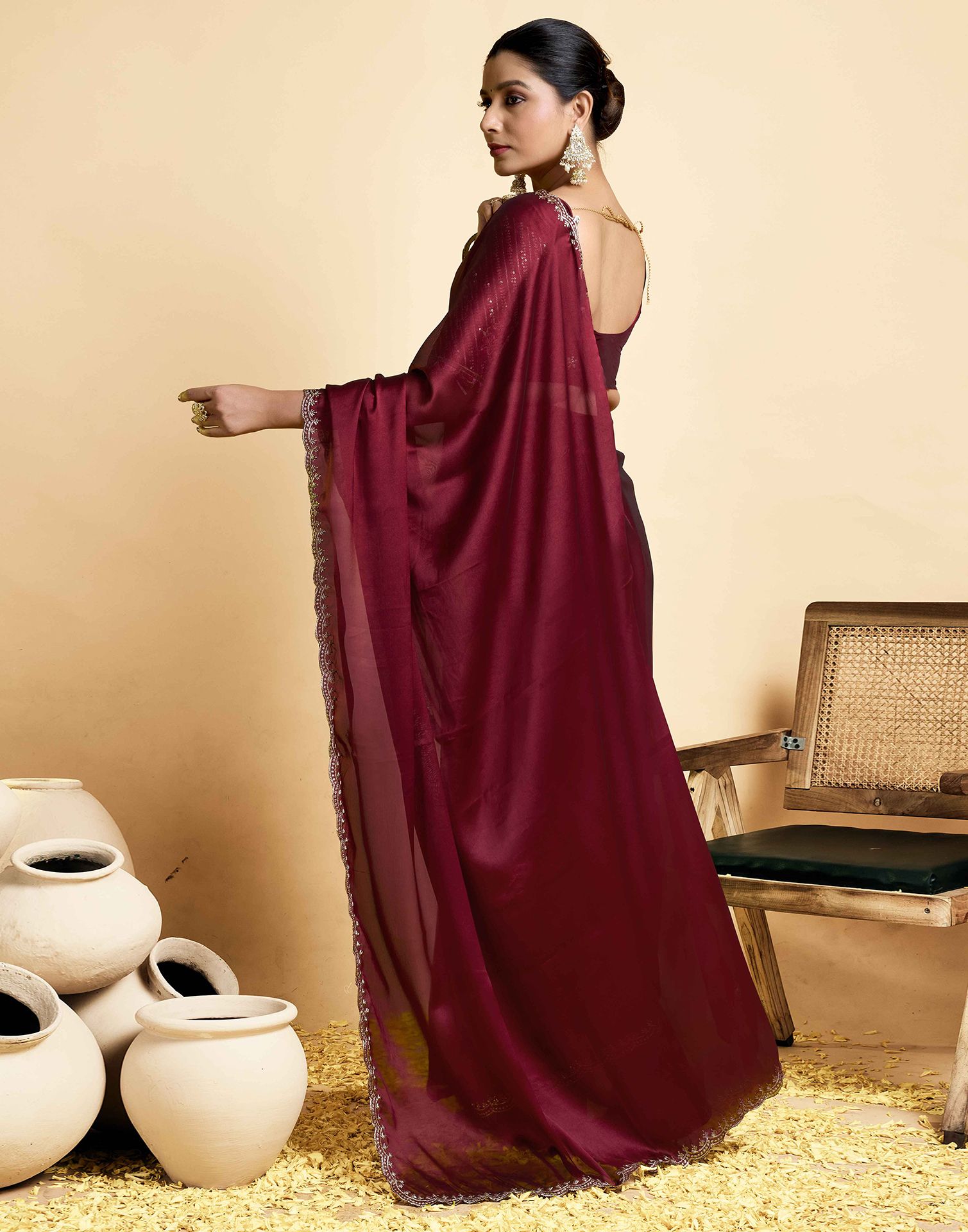 Maroon Georgette Embroidery Saree