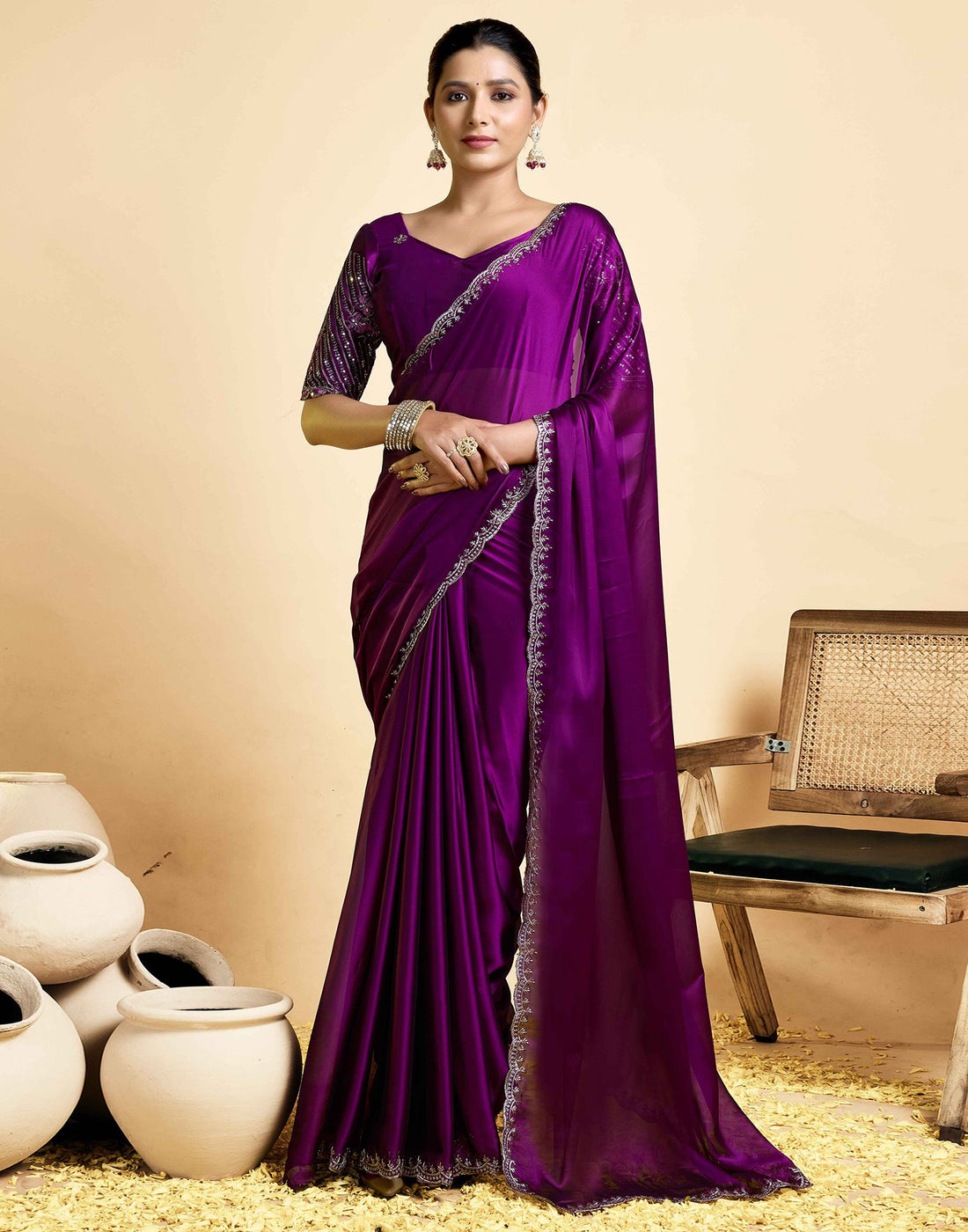 Dark Purple Georgette Embroidery Saree