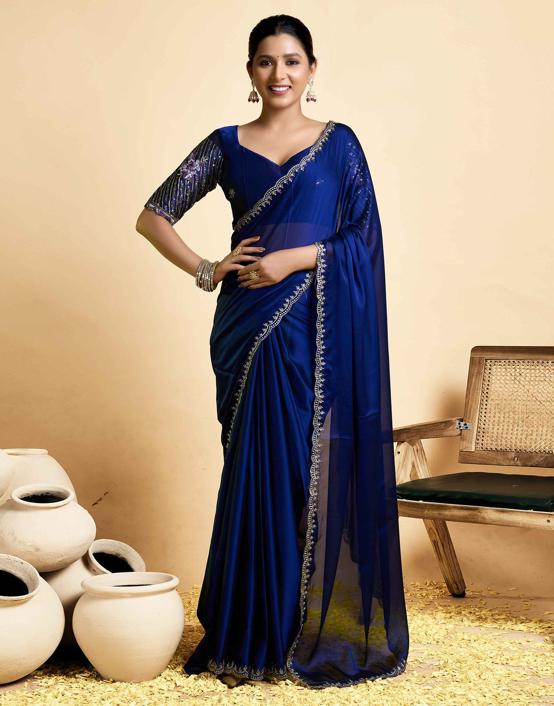 Navy Blue Georgette Embroidery Saree