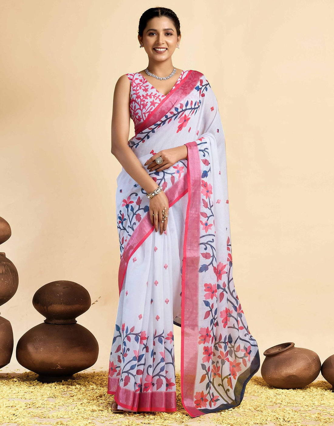 White Linen Floral Printed Saree