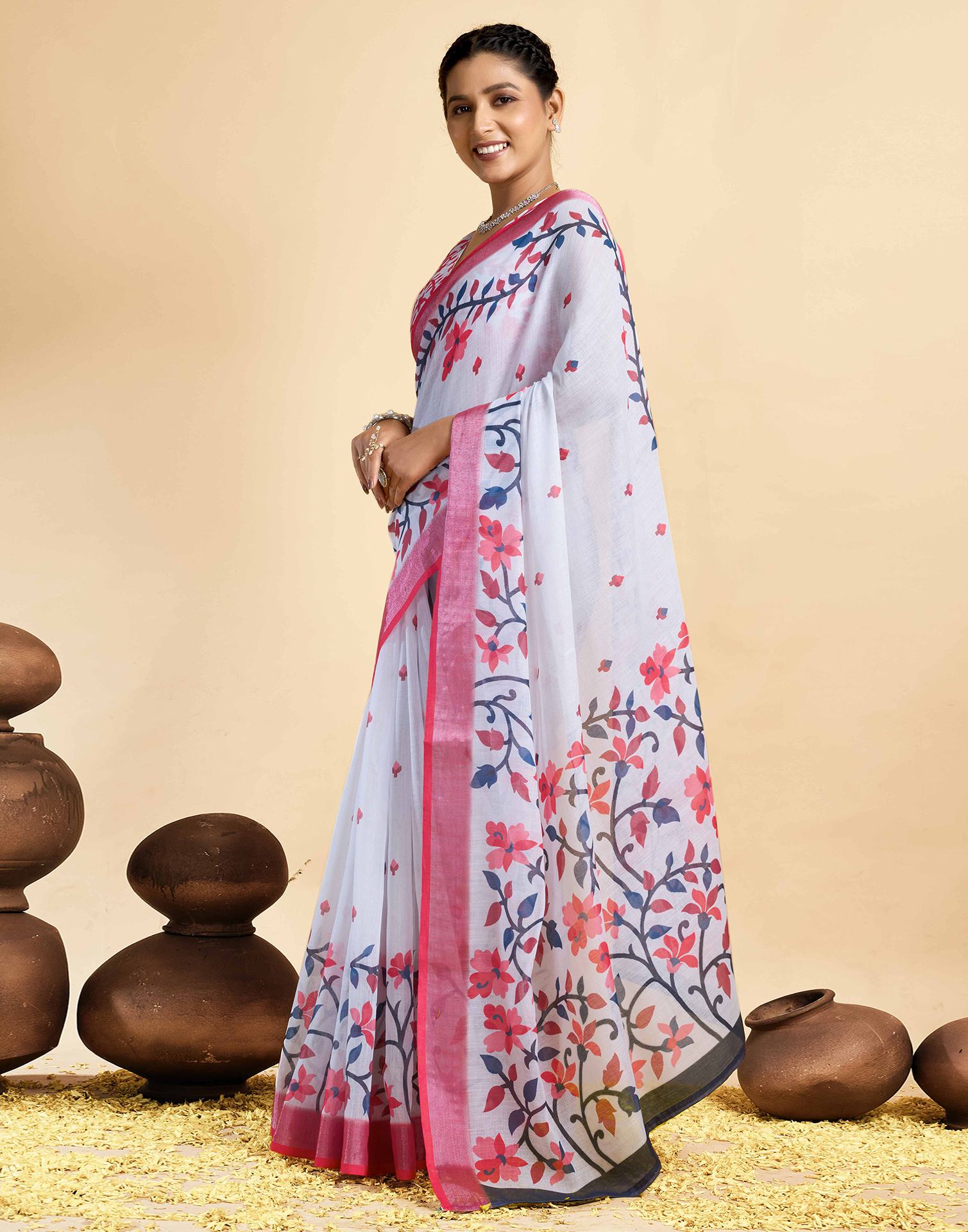 White Linen Floral Printed Saree