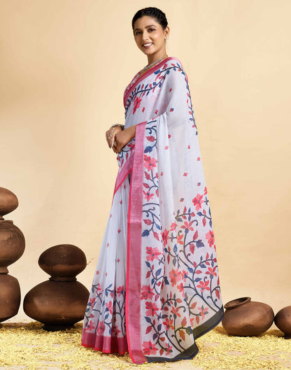White Linen Floral Printed Saree