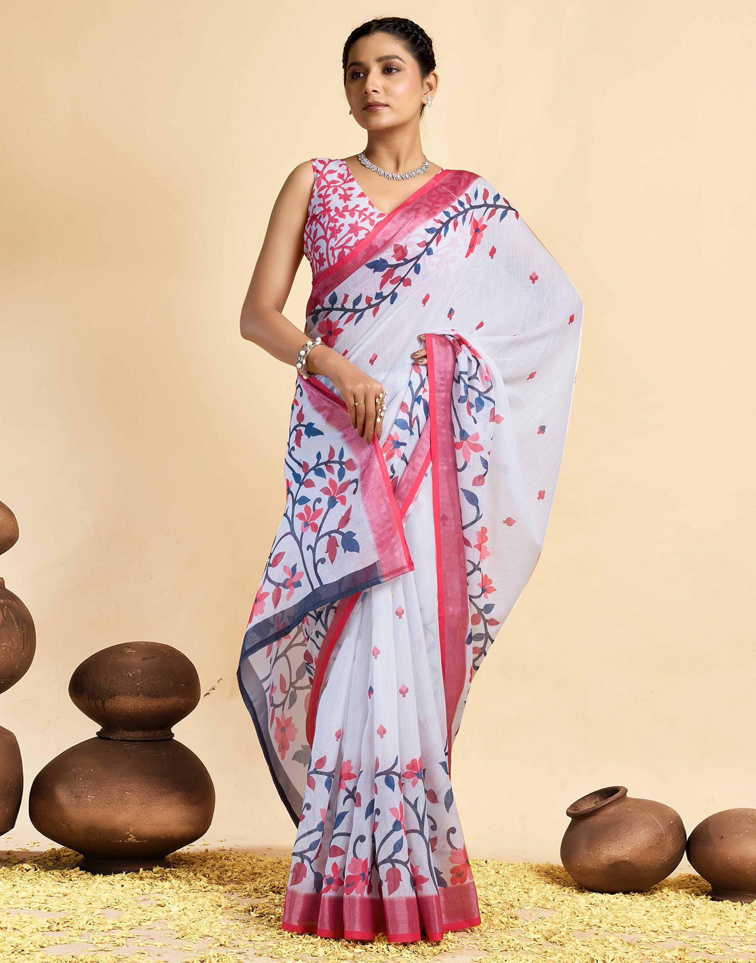 White Linen Floral Printed Saree