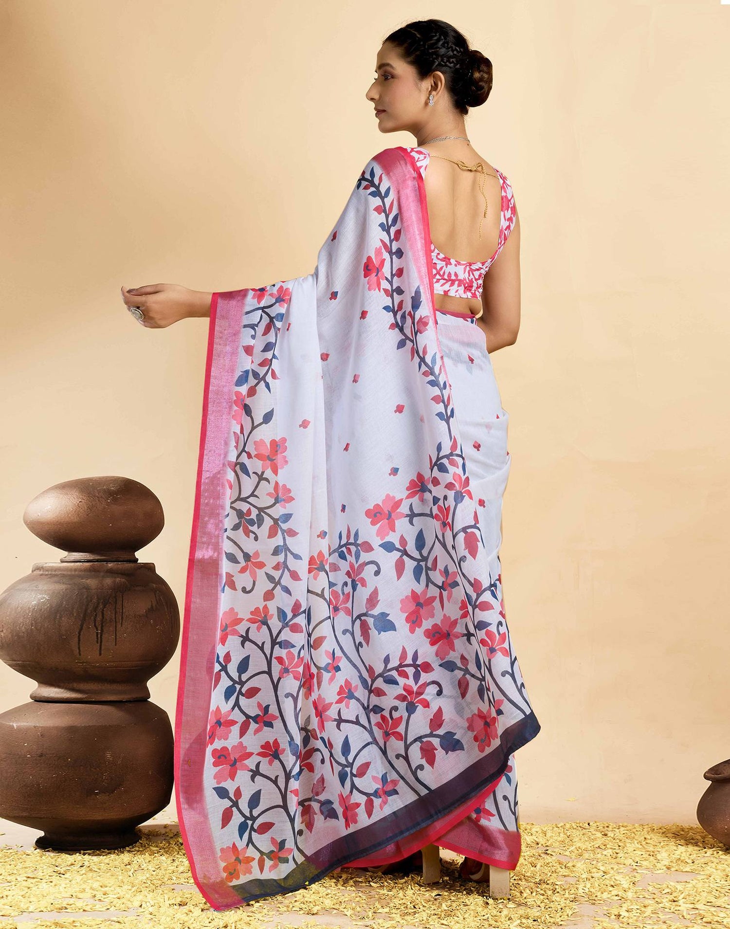 White Linen Floral Printed Saree