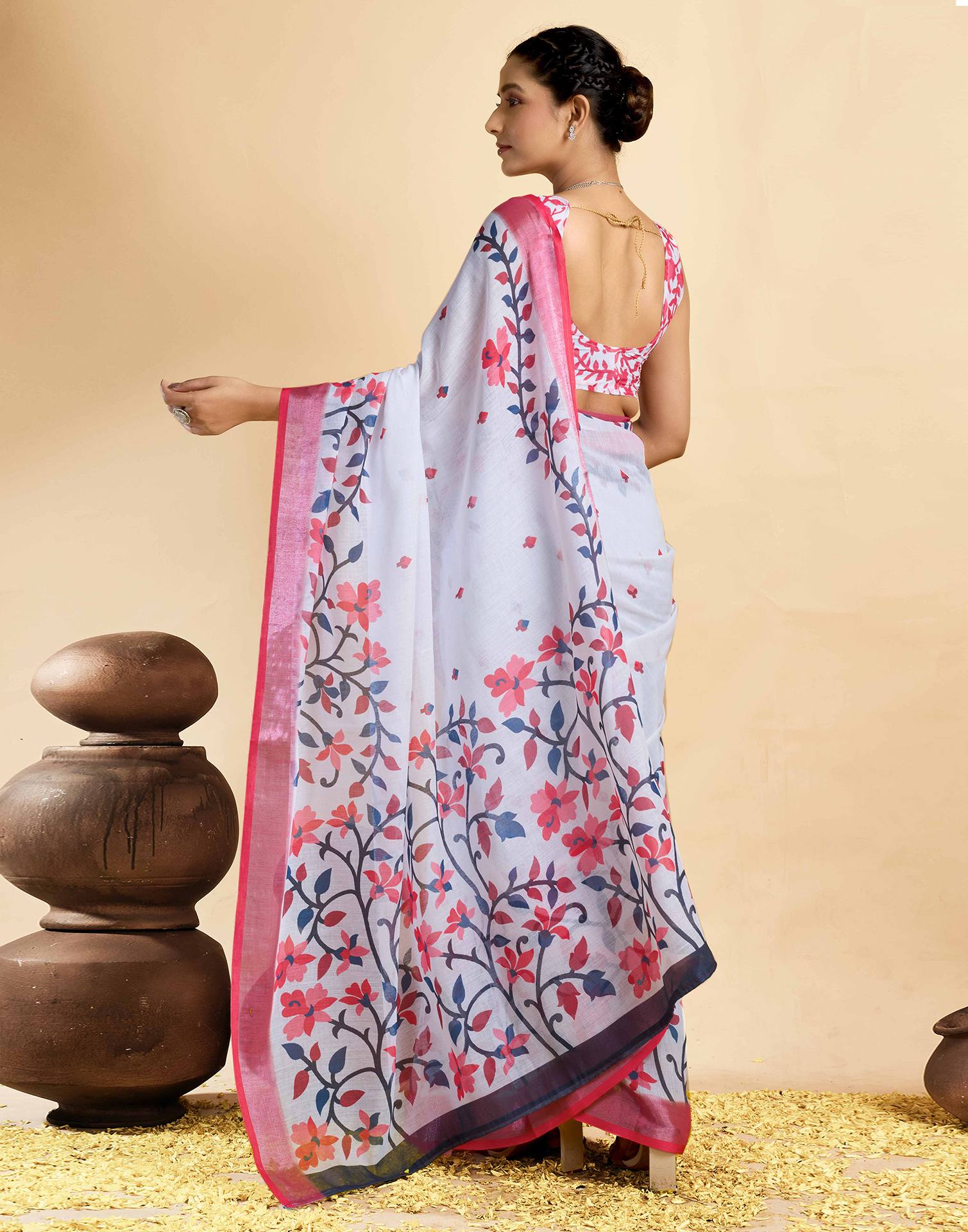 White Linen Floral Printed Saree
