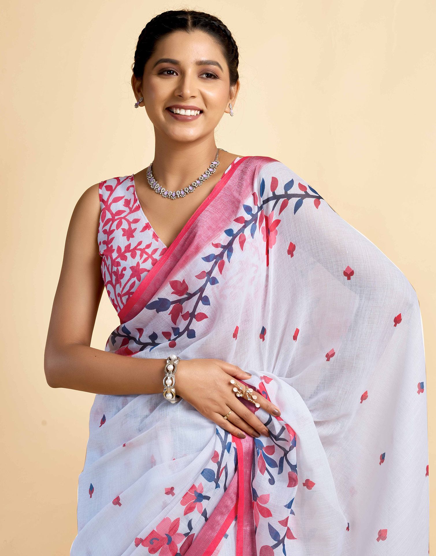 White Linen Floral Printed Saree