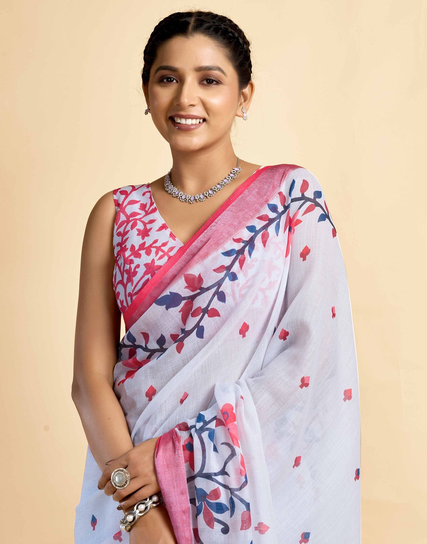 White Linen Floral Printed Saree