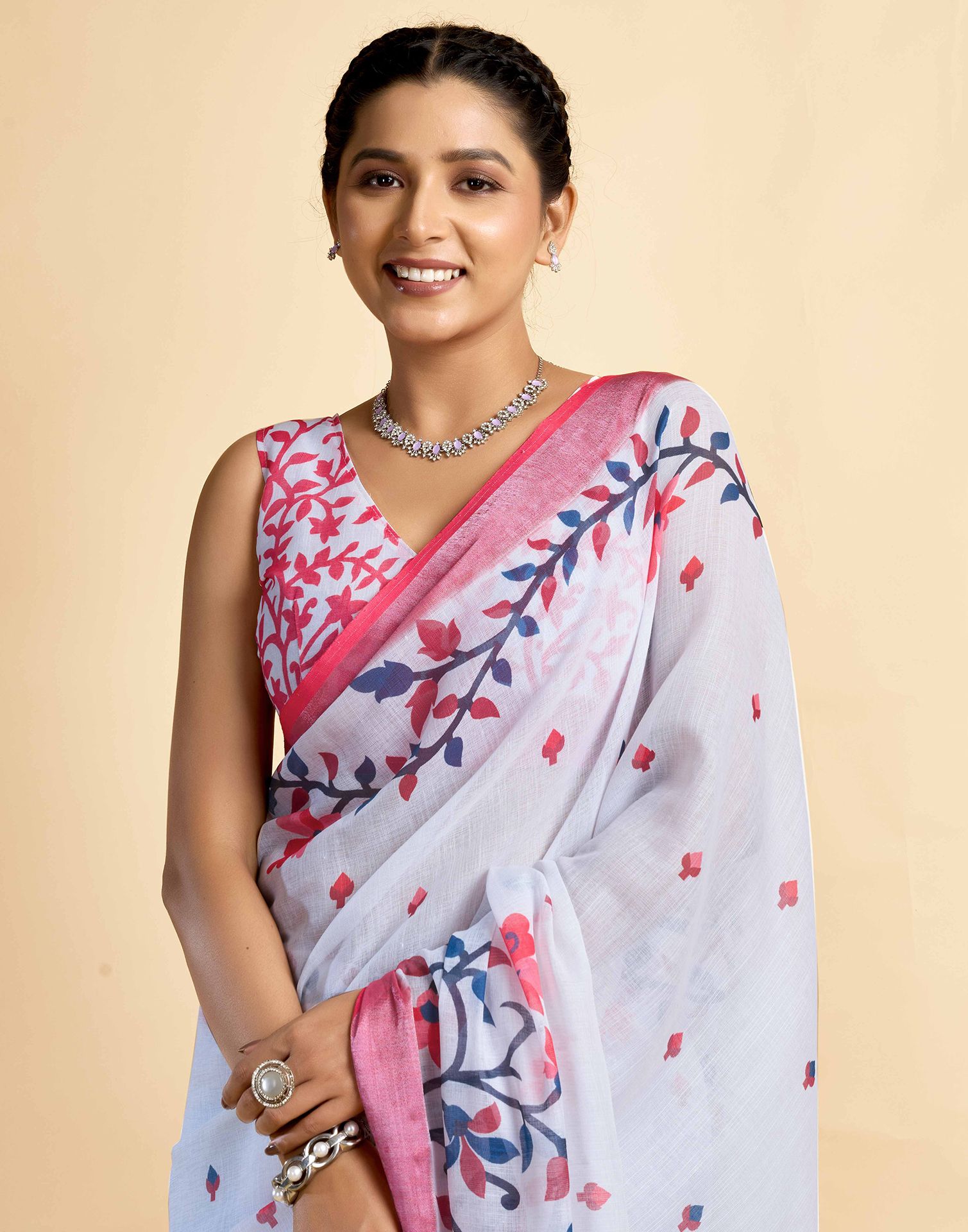 White Linen Floral Printed Saree