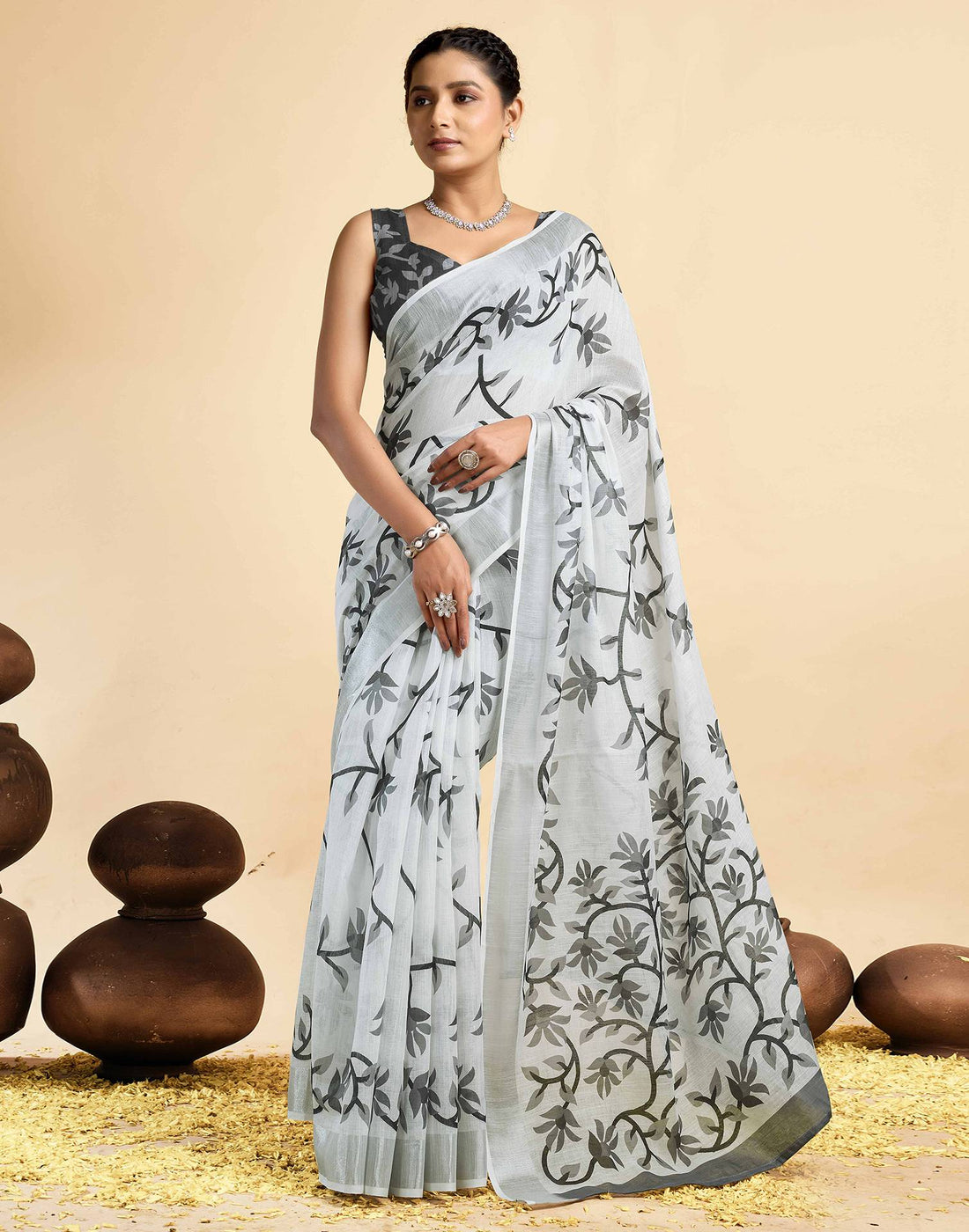 White Linen Floral Printed Saree