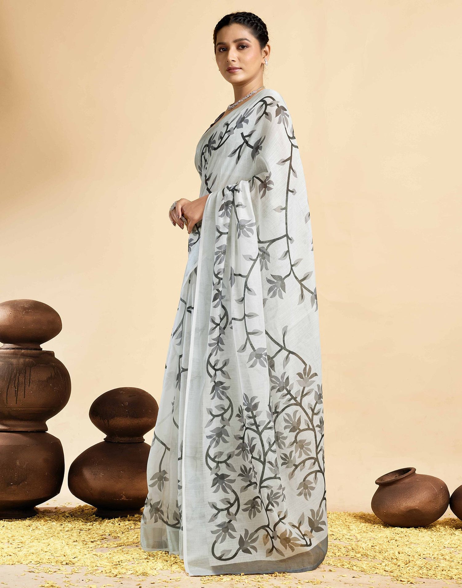 White Linen Floral Printed Saree