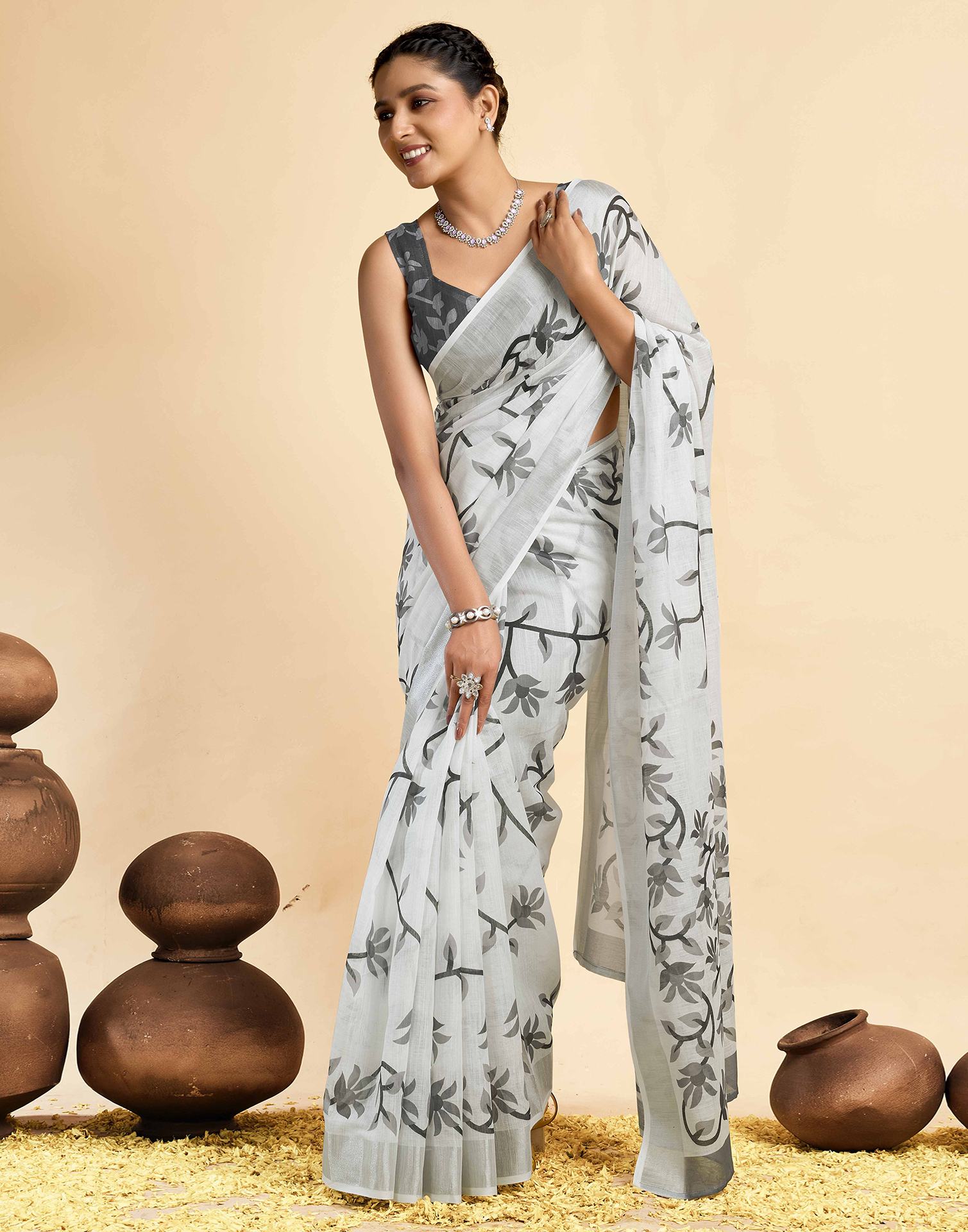 White Linen Floral Printed Saree