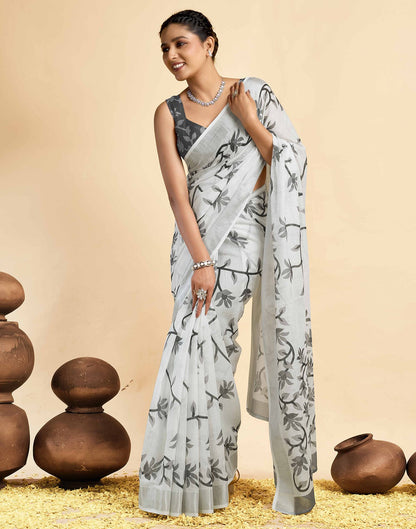 White Linen Floral Printed Saree
