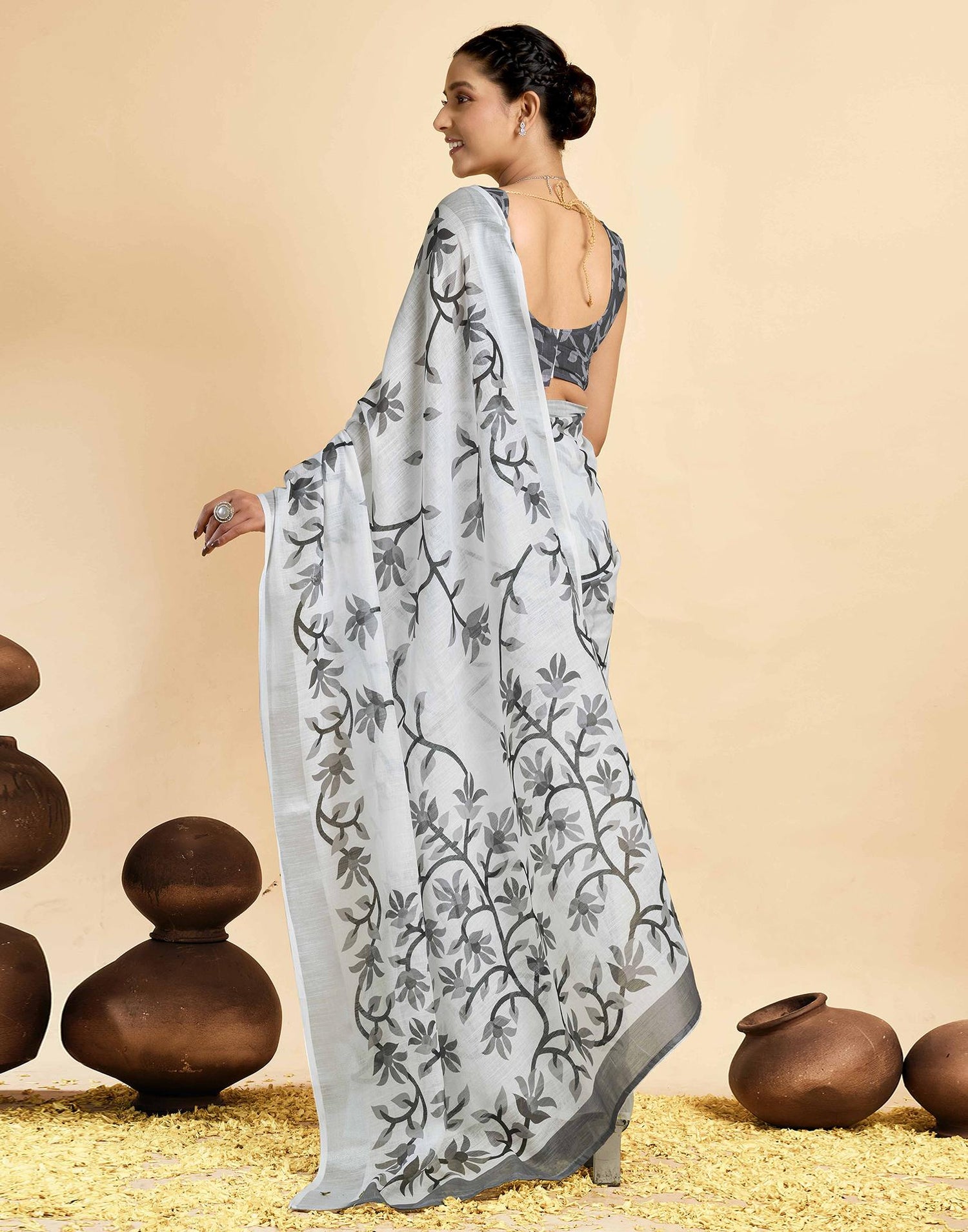 White Linen Floral Printed Saree
