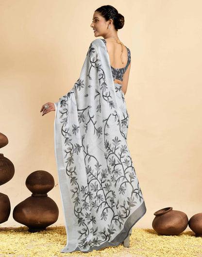White Linen Floral Printed Saree