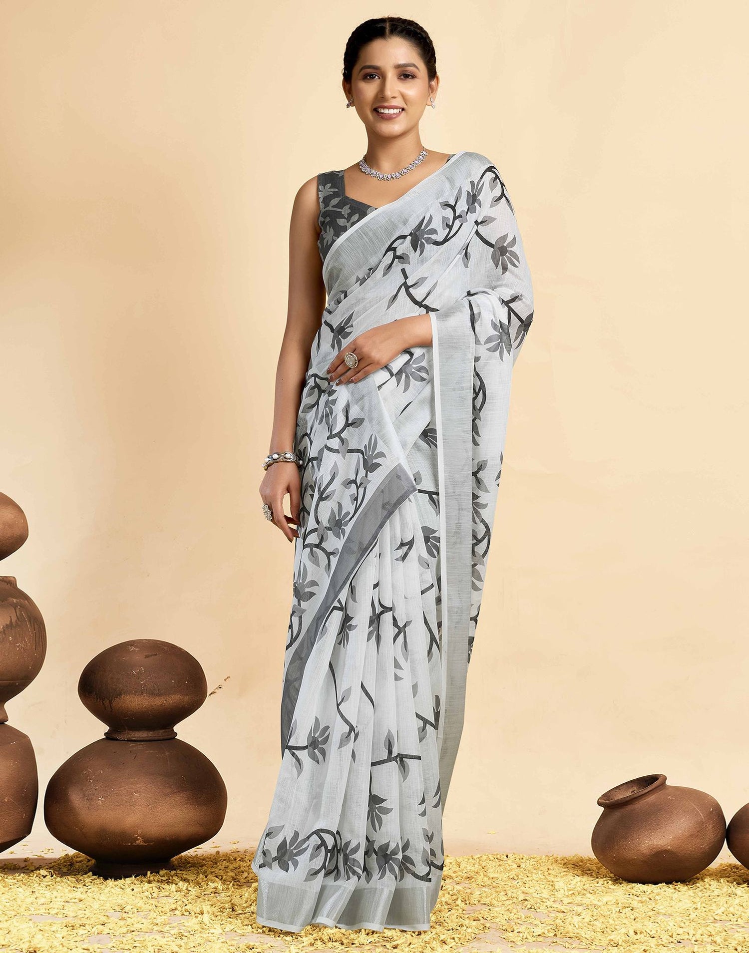 White Linen Floral Printed Saree