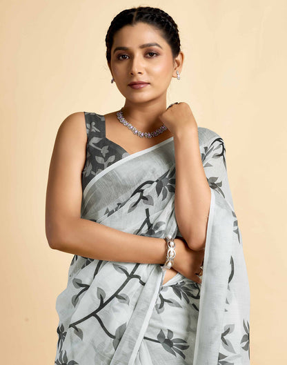 White Linen Floral Printed Saree