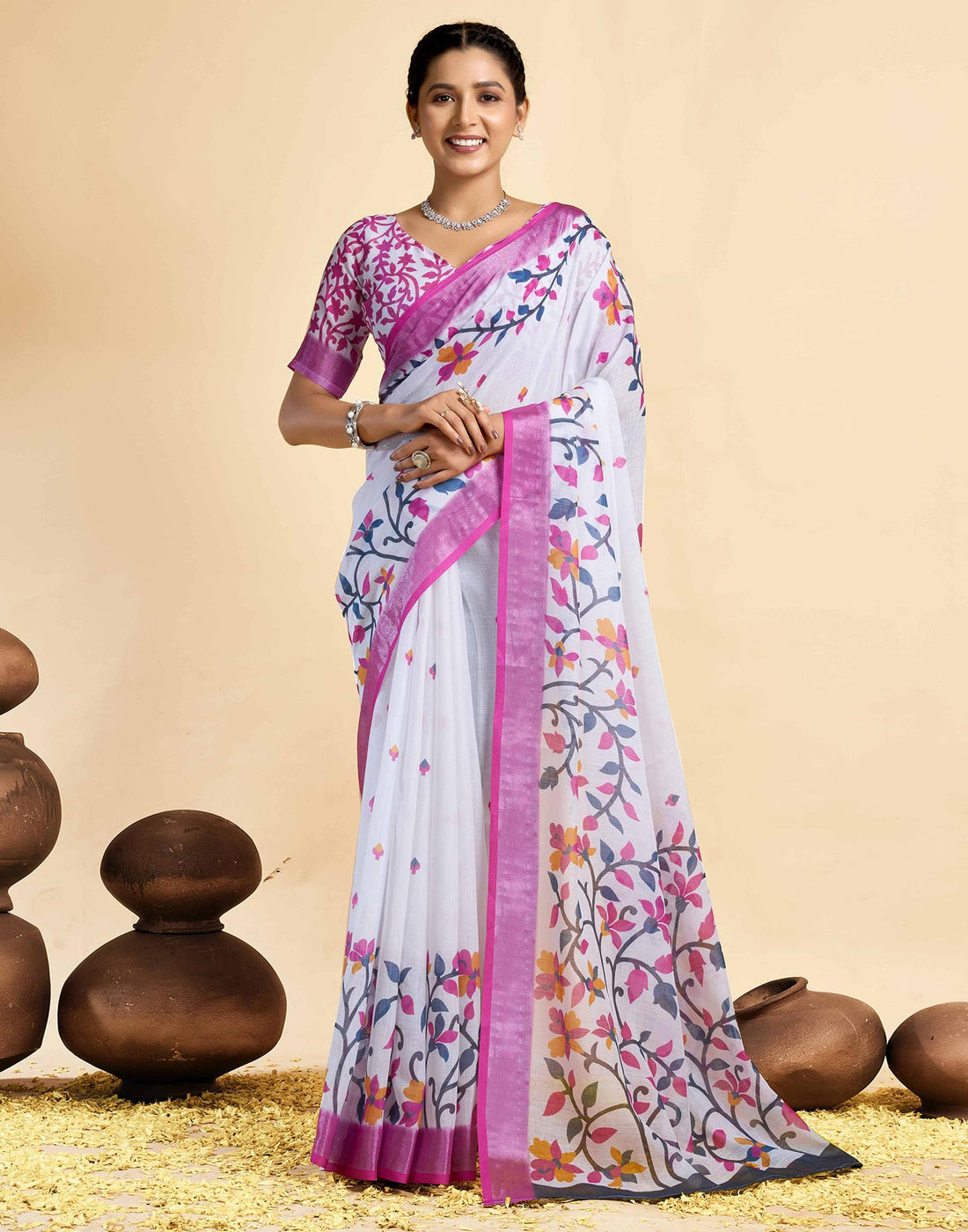 White Linen Floral Printed Saree