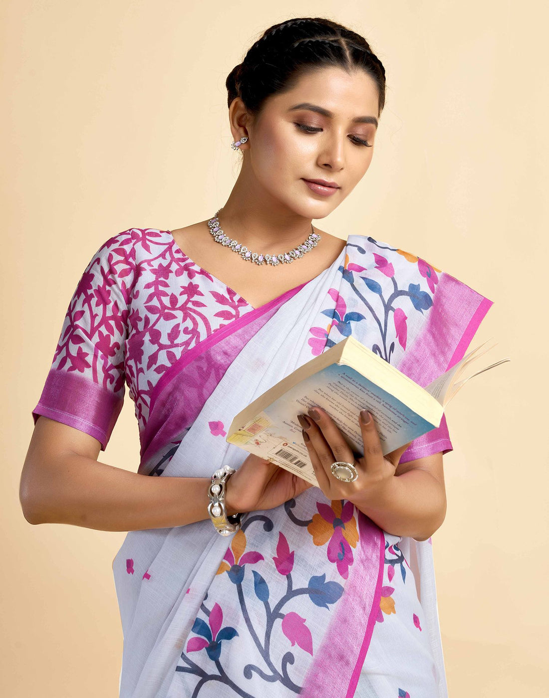 White Linen Floral Printed Saree