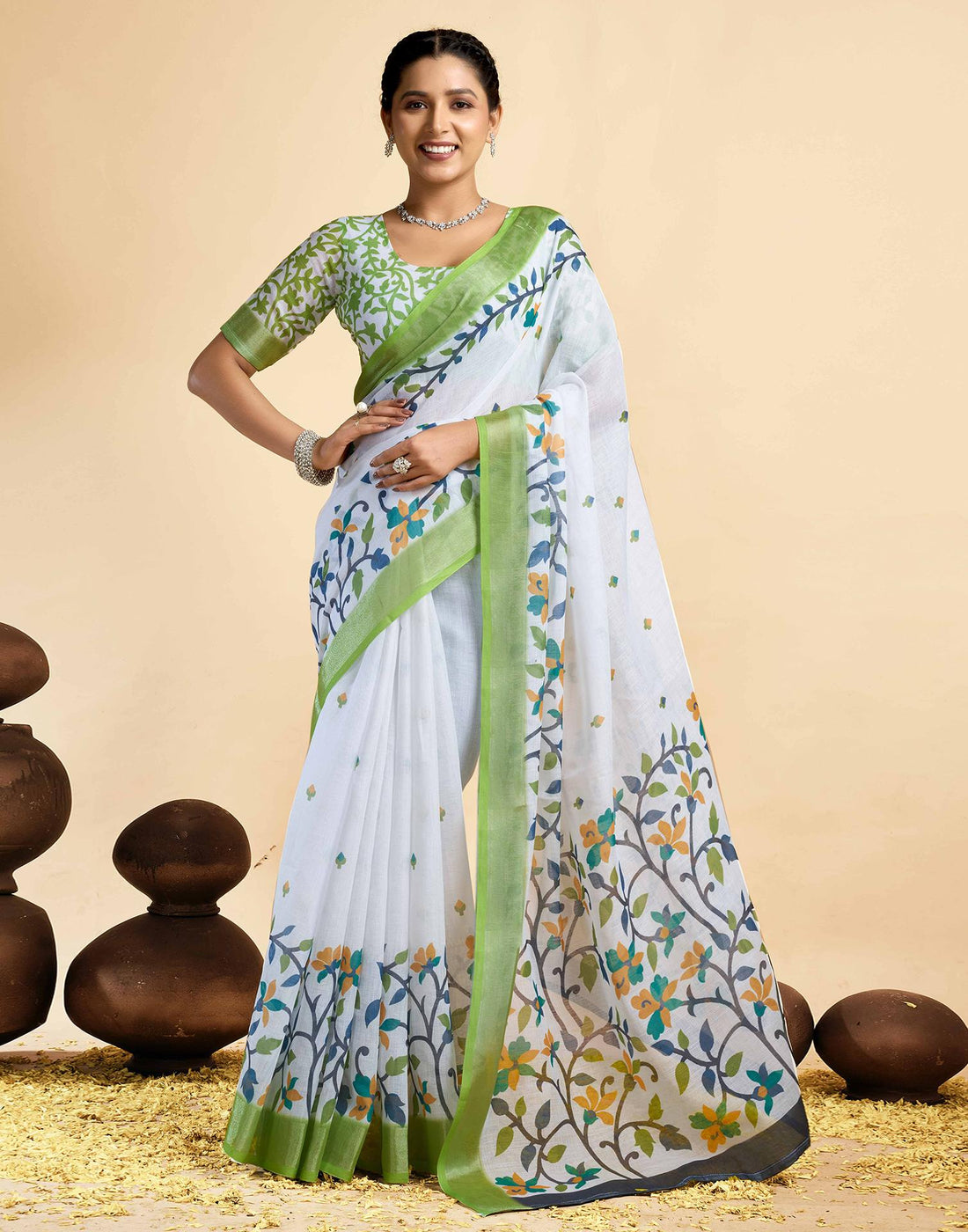White Linen Floral printed Saree