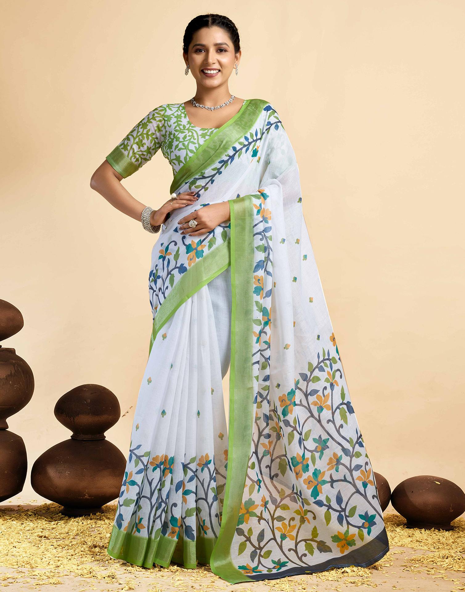 White Linen Floral Printed Saree
