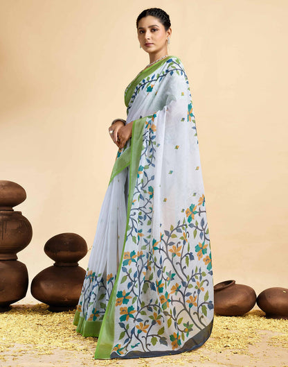 White Linen Floral Printed Saree