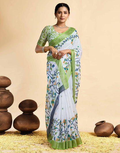 White Linen Floral Printed Saree