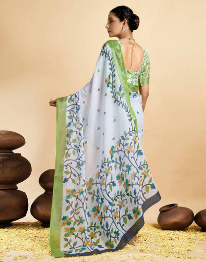 White Linen Floral Printed Saree